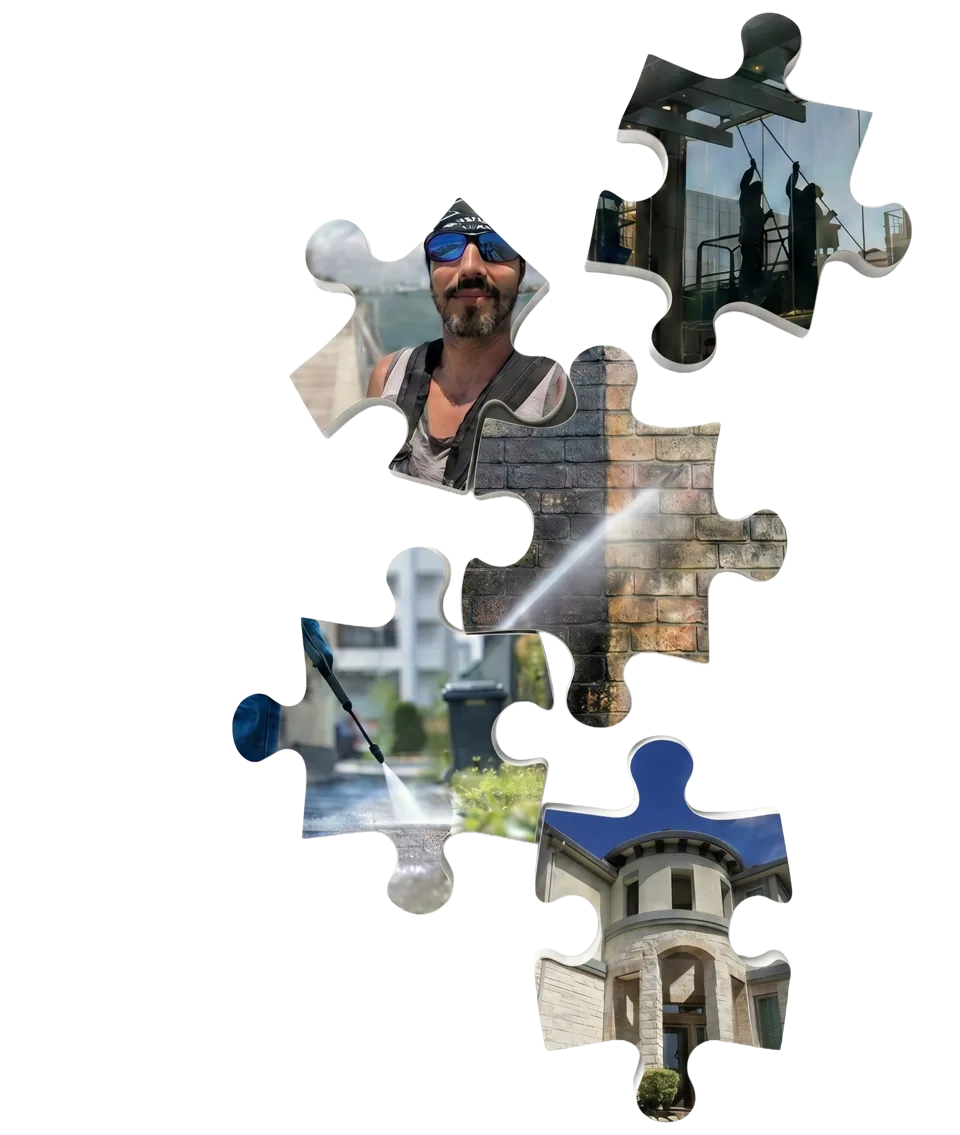 Puzzle-piece collage for Clearly Organic Green, a San Antonio pressure-washing client of iKaleo Solutions, showing before-and-after cleaned brick, glass, and driveway surfaces