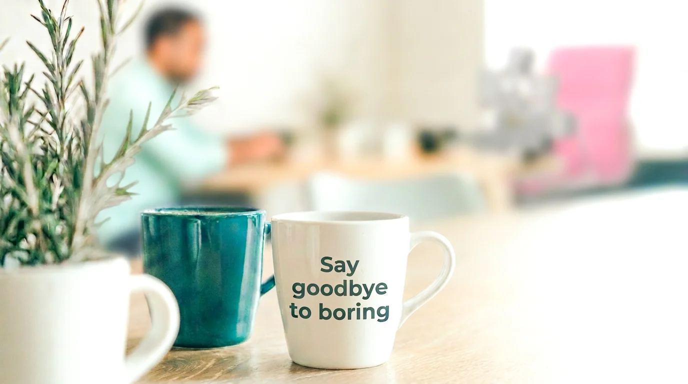 A ‘Say goodbye to boring’ coffee mug and rosemary plant on a desk, with someone working in the background — the iKaleo Solutions workspace