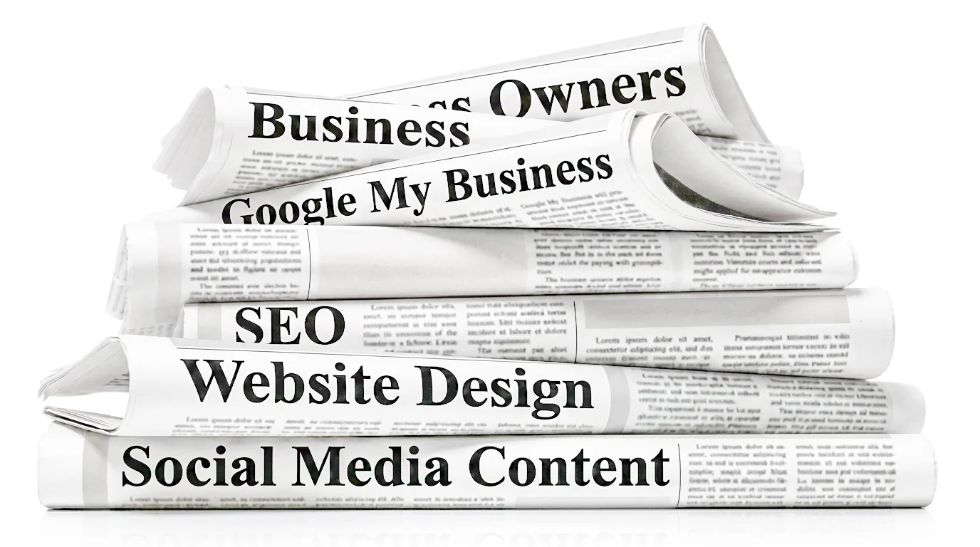 Stack of newspapers headlined Google My Business, SEO, Website Design, and Social Media Content — the services iKaleo Solutions offers San Antonio business owners